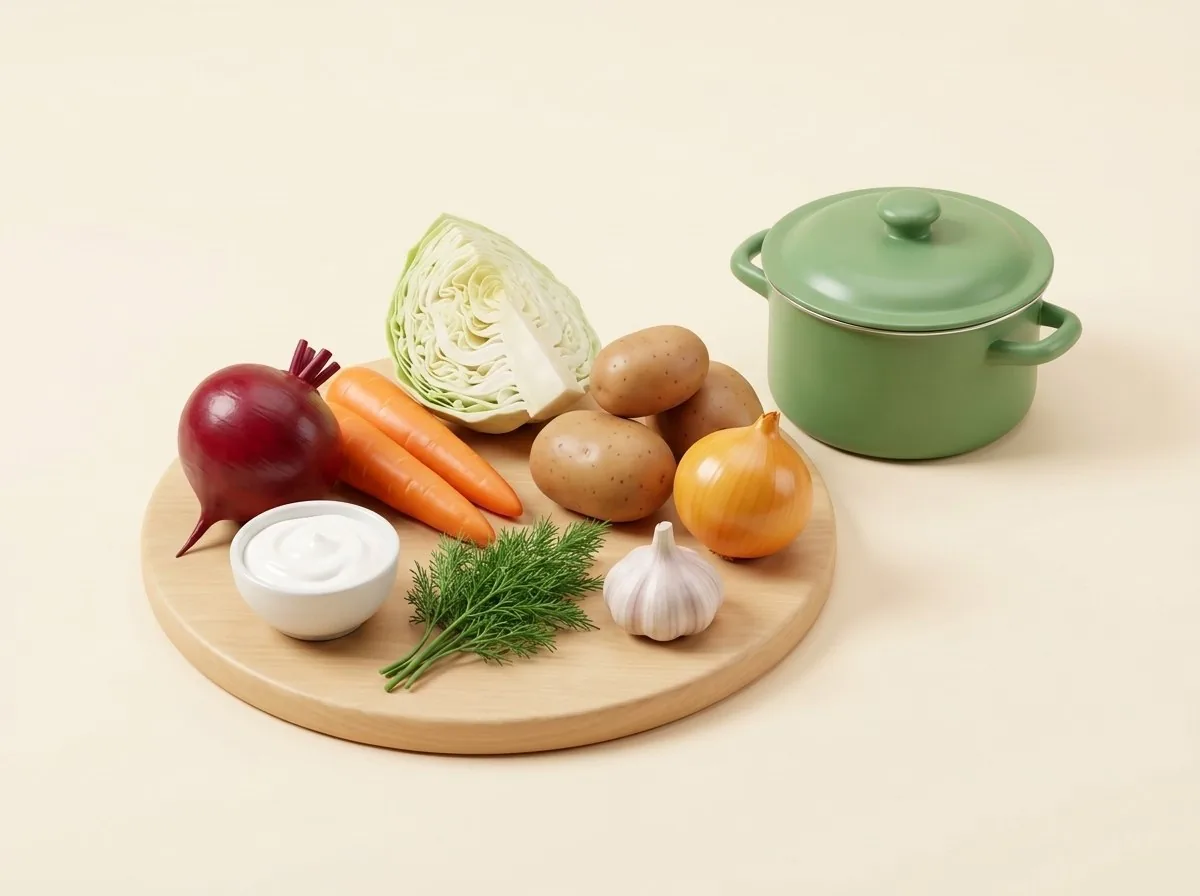 Продукты для борща на доске и кастрюля