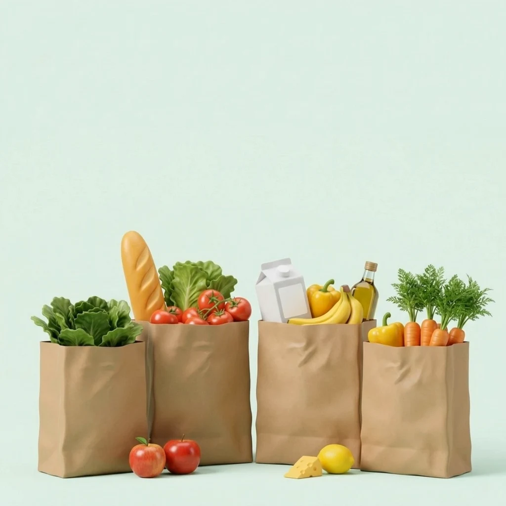 Четыре бумажных пакета с продуктами