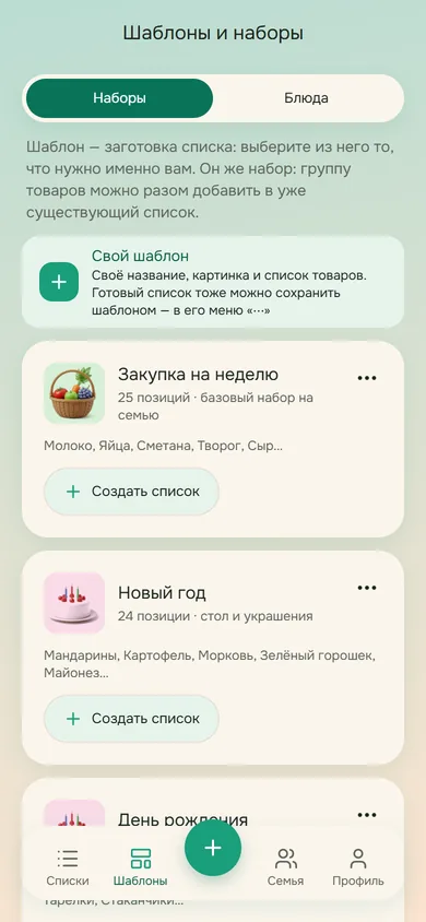 Шаблоны «Закупка на неделю», «Новый год», «День рождения»