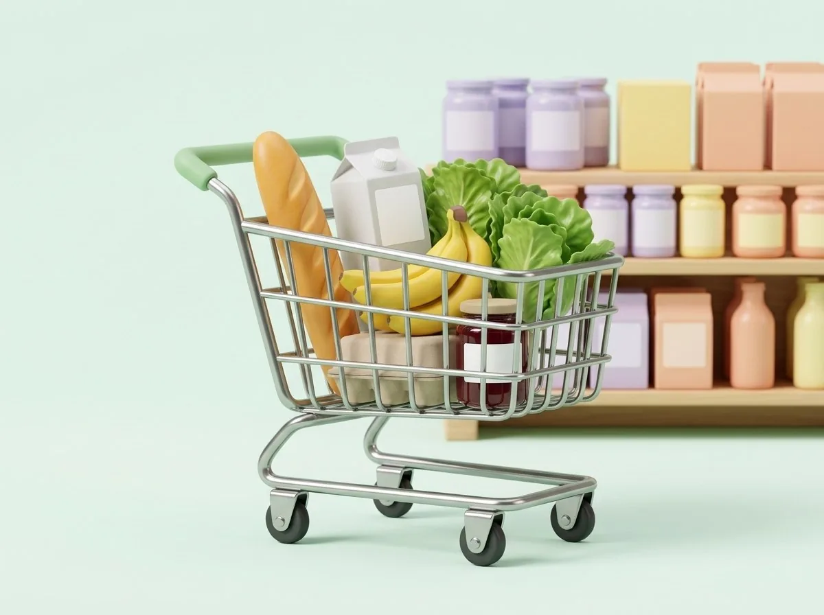 Тележка с продуктами у полки магазина