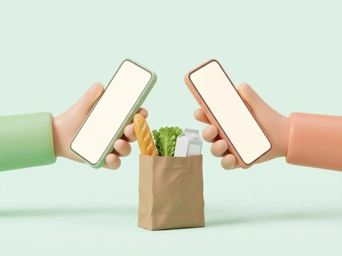 Двое с телефонами над одним пакетом с продуктами
